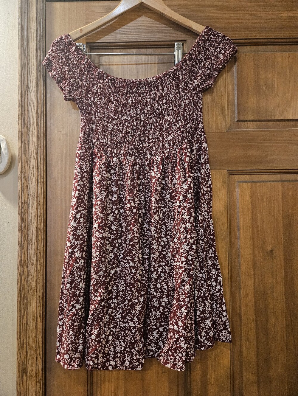 Floral Smocked Off-Shoulder Dress - Burgundy